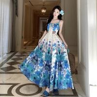 ราคา ชุดเดรสแขนกุดสไตล์เกาหลี ลายดอกไม้สีฟ้า material chiffon สำหรับวันหยุดและฤดูร้อน ออกแบบมาเพื่อดูผอมและมีคอวี (43829234057)