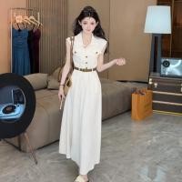 ราคา ชุด party fashion กระโปรงยาวทรงเพรียว ปกกระดุมแถวเดียวแขนกุด มาพร้อมเข็มขัด (27544341341)