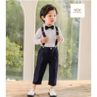 ราคา Boy Suit เซทเอี้ยมเด็กเล็กเด็กโต แขนยาว 4 ชิ้น เสื้อเชิ้ต กางเกงเอวยืดสีกรม สายเอี้ยม หูกระต่ายสุ่มสี ขนาด 80 90 10 (23061678821)