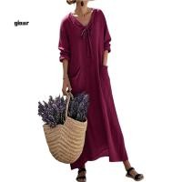 ราคา Giaurz ชุดหลวมแขนยาว ผ้าฝ้ายลินิน คอวี Maxi Dress น้ำหนักเบาทึดต่ออากาศ เหมาะสมากับการสวมใส่บนชายหาดในฤดูร้อน (53157288180)