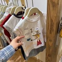 ราคา เสื้อยืดลายการ์ตูนสำหรับเด็ก ผ้าฝ้ายแท้บางเบา สไตล์เกาหลี แขนกุดสำหรับเด็ก (43329425960)