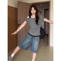 ราคา เสื้อยืดสไตล์เกาหลีไหล่เฉียงสำหรับฤดูร้อน แบบ slim fit และสีคมชัด เหมาะสำหรับสาวๆ (27394435400)