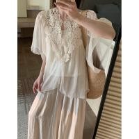 ราคา เสื้อลูกไม้สไตล์ฝรั่งเศส แขนสั้น คอวี material ชีฟอง suitable for summer wear พร้อมสายรัดด้านใน ไซส์บวกไขมัน (46308079951)