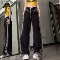 ราคา DaDuHey2026 Women s High Street Straight Wide Leg Mop Pants American Vibe Style Retro Lapels Design Contrast Color Gradient Jeans (19083812625)