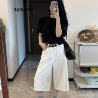 ราคา DaDuHey White Cropped Pants Women s Korean Style Simple High Waist Straight Loose Jeans Office Worker (41062729519)