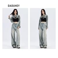 ราคา DaDuHey Straight Jeans Women s American Retro Distressed High Waist Loose with Frayed Edges 188 (40419651973)