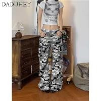 ราคา DaDuHey2026 American Style Retro White Camouflage Micro Pull Cargo Jeans Women s High Street All Match Hot Girl Large Pocket Straight Wide Leg Pants (29772275722)
