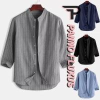 ราคา แพนโนฟลักซ์ เสื้อเชิ้ตผู้ชายแฟชั่นเกาหลีหลวมระบายอากาศคุณภาพสูงผ้าลินินยืนปกเสื้อ (28479109072)