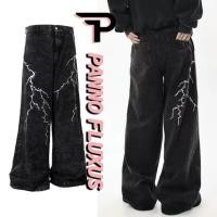 ราคา Pannofluxus กางเกงยีนส์ผู้ชาย American high street หลวมสบายๆลายสายฟ้าพิมพ์ปัก vibe กางเกงยีนส์สไตล์ฮิปฮอป (28767588990)