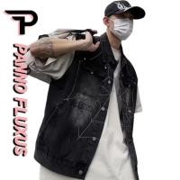 ราคา Pannofluxus เสื้อกั๊กยีนส์ผู้ชายอเมริกันย้อนยุคหลวมสบาย ๆ เสื้อกั๊กแขนกุดแมงมุมสไตล์ฮิปฮอปเย็น (24584032296)