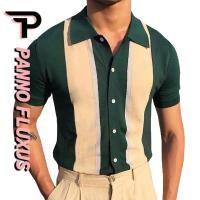 ราคา PannoFluxus เสื้อโปโลชายคอปกสีตัดกัน เสื้อคาร์ดิแกนกระดุมแถวเดียวถักแขนสั้น (17105082336)