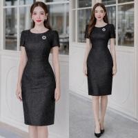 ราคา ชุดเดรสผ้าลัชชูสีดำผ้ายืดกระโปรงสอบ S 2XL (57952380389)