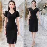 ราคา ชุดเดรสคอวี เบี่ยงกระดุม4เม็ดเเขนสั้นเเขนบัวกระโปรงทรงสอบผ่าหน้าผ้าไมโครS 2XL (43159695539)