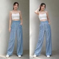 ราคา กางเกงเอวสูงกระบอกกลางลายริ้วดุมปลั้มผ้าคอตตอนยีนส์ซิปกระดุมเอวสูง41 (20844482017)