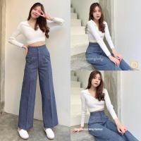 ราคา New Arrival กางเกงเอวสูงขาบานผ้ายีนส์ยืดลายริ้วสวยจร้า (17439545263)