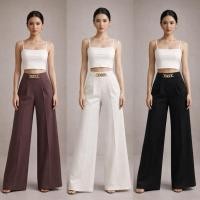 ราคา กางเกงเอวสูงขากว้างเเต่งเข็มขัดโซ่ทองยาว40นิ้วซิปหลัง (4190214301)