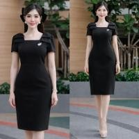ราคา ชุดเดรสเเขนสั้นคอ4เหลี่ยมโบว์ไหล่กระโปรงทรงสอบผ้าไมโครสีดำ S 2XL (40255834381)