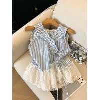 ราคา เสื้อแขนกุดลายทางสีฟ้า สไตล์เย็บลูกไม้ (41510010711)