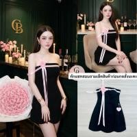 ราคา เดรสสั้นเกาะอกสีดำแต่งเข็มกลัดริบบิ้น ดอกไม้สีชมพูหวาน (53155866457)
