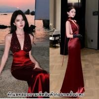 ราคา เดรสเลื่อมกลิตเตอร์แหวกอกแต่งสายพันคอ เดรสเซ็กซี่สีแดง (45305104354)