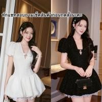 ราคา เดรสผ้าทวิตแขนพองแต่งโบว์ประดับเพชร สีขาวดำ (44756234763)