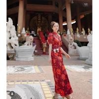 ราคา เดรสยาวกี่เพ้า เดรสสีแดงลายดอกคอจีน (18571511292)