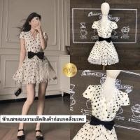 ราคา เดรสอัดพลีทคอวีแต่งโบว์ลายน่ารัก (50756556453)