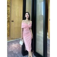 ราคา เดรสปาดไหล่สีชมพู เดรสปาดไหล่ไปงาน ชุดออกงาน (22470348452)