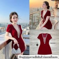 ราคา เดรสสีแดงคอวีแต่งแถบเพชรสวยหรู ชุดแดงแซ่บๆเว้าอก เดรสดำเซ็กซี่ (44378207843)