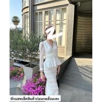 ราคา เซตสีขาวสวยหรูดูแพง เสื้อคอวีแขนยาวซีทรู กระโปรงลูกไม้ (24829086593)
