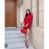 ราคา เดรสคอจีน ชุดกี่เพ้า เดรสสั้นแขนยาวสีแดง (24257202274)