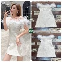 ราคา เดรสเกาะอก ชุดไปงานสีขาว เดรสปาดไหล่ขนนกฟรุ้งฟริ้ง (5384221564)