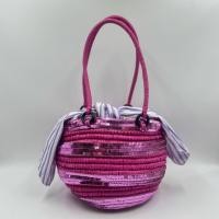 ราคา กระเป๋าสานทรงกลมสีชมพูสด กระเป๋ามือสอง (45357491472)
