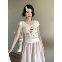 ราคา เอฟเอ็กซ์ พิมพ์เสื้อยืดสีขาว แขนสั้นสำหรับฤดูร้อน ดีไซน์การ์ตูนรอบคอลูกไม้ (53557805691)