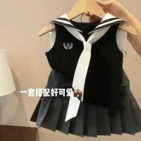 ราคา ชุดฤดูร้อนของเด็กผู้หญิง ชุดฤดูร้อนสําหรับเด็กใหม่ เด็กผู้หญิง เด็กผู้หญิง เสื้อกั๊กคอปกสีกรมท่าสไตล์เกาหลี กระโปรง ชุดสองชิ้น (56207267600)