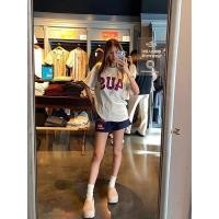 ราคา กางเกงขาสั้นทรงสปอร์ตสีน้ำเงินกรมท่าของอเมริกาสำหรับผู้หญิงที่ใส่เป็นชุดคลุมตัว กางเกงขายาวทรงตรงหลวมๆ สบายๆ ในช่วงฤดูร้ (50806610672)