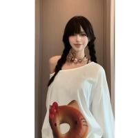 ราคา เสื้อยืดแขนยาวเปิดไหล่สไตล์โดนัทเรโทรแบบอเมริกัน สำหรับผู้หญิง ทรงหลวม สไตล์นักศึกษา ลำลอง อเนกประสงค์ เสื้อกันแดดสำหรับ (41179623869)