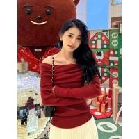 ราคา เสื้อไหมพรมแขนยาวสีแดงเข้ารูปสวยงามแบบเปิดไหล่สำหรับผู้หญิงในฤดูใบไม้ผลิและฤดูใบไม้ร่วง (56955713018)