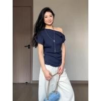 ราคา เสื้อยืดแขนสั้นเปิดไหล่สีน้ำเงินกรมท่าสไตล์เกาหลีสำหรับผู้หญิง ลดราคาฤดูร้อน (52550134334)