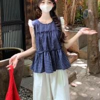 ราคา เสื้อเชิ้ตแขนตุ๊กตาผ้าลูกไม้หวานแขนบินเล็กไม่มีแขน 2025 ฤดูร้อนใหม่ลายสก๊อตหู (42074303158)
