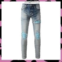 ราคา High street แฟชั่นผู้ชายกางเกงยีนส์สีฟ้า slim fit กางเกงยีนส์ยืดหยุ่นแพทช์งานฝีมือสไตล์ฮิปฮอปผู้ชายกางเกงยีนส์ (48808122476)