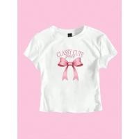 ราคา พร้อมส่ง เสื้อยืด baby tee เสื้อครอปสีพื้น CROP TOP เสื้อครอปผู้หญิงลายโบว์ชมพู CLASSY CUTE คอตตอน 100 (56807401426)