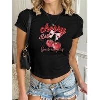 ราคา พร้อมส่ง เสื้อยืด baby tee เสื้อครอปสีพื้น CROP TOP เสื้อยืดครอปเข้ารูป ลายเชอร์รี่โบว์ชมพู คอตตอน 100 (57207449603)