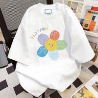 ราคา Slim Fit พร้อมส่ง ลายดอกไม้เพ้นท์สี คอเสื้อยืดผู้หญิง ผ้าฝ้ายแท้ โอเวอร์ไซซ์ ใส่สบาย ฤดูร้อน สาวอ้วน (46257853682)