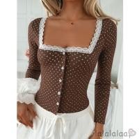 ราคา เสื้อลายจุดแขนยาว สไตล์sheer ปุ่มด้านหน้า เสื้อลำลองสำหรับผู้หญิง (55507241891)