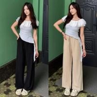 ราคา พร้อมส่งจากไทย กางเกงขายาว ทรงกระบอก มาพร้อมเชือกเพิ่มมิติ เอวสูง ผ้าลินิน มีกระเป๋า2ข้าง (57706239570)