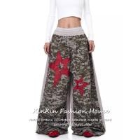 ราคา Camouflage Star Print Trousers ผู้หญิงสไตล์เรโทรอเมริกันพิมพ์ลายดาวกางเกงขายาวเอวสูงลายพราง (49304289655)