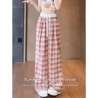 ราคา Women s Lace Drawstring Plaid Trousers กางเกงกีฬาขากว้างผูกเชือกลายตารางสำหรับผู้หญิงในช่วงฤดูร้อน (40415449760)