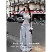 ราคา One piece button up top pants set เซ็ตเสื้อผ้าตัวยาวกระชับสัดส่วนปุ่มสตรีสไตล์สตรีทและกางเกงขากว้าง (40279168423)