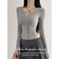 ราคา Button down long sleeved T shirt สำหรับสตรีตัวเดียวแขนยาวคอวีมีกระดุมสไตล์อเมริกันตัวสวยรัดรูป (45157221970)